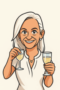 Illustration de Rose, cofondatrice et secrétaire de l’association Accords levant son verre pour célébrer l’engagement collectif du bénévolat en soins palliatifs à Aix-en-Provence.